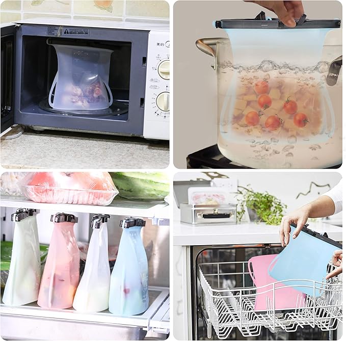 Reusable Food Storage Leakproof Silicone Snap Bags Stand-Up Silicone Food Bag 6 Cups (50 Oz) Microwavable Freezer and Dishwasher Safe Odorless Easy Clean and Dry Ziplock Alternatives (Random Color)