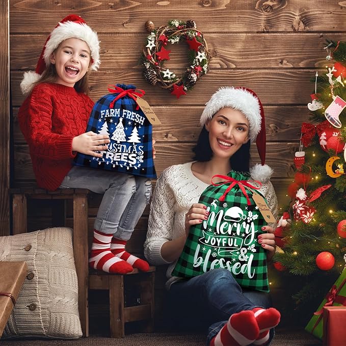 10 PCS Christmas Drawstring Gift Bags with Tags, Buffalo Plaid Xmas Gift Bags Assorted Sizes Bulk, Cotton Fabric Holiday Gift Bag Large Medium Small Wrapping Bag for Xmas Presents Decor Party Favors