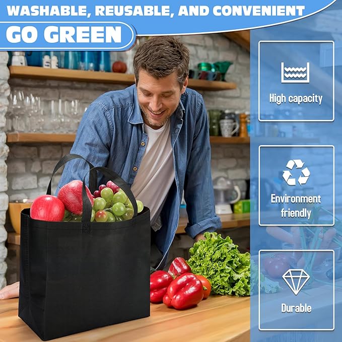 Windyun Reusable Grocery Bags Large Non Woven Shopping Bags with Handles Foldable Portable Tote Bulk, 12.6 x 11.8 x 6.3 Inch