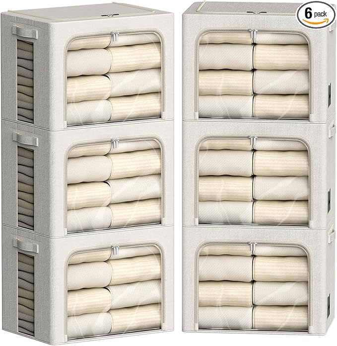FHSQX 6 Pack Clothes Storage Bins with Metal Frame Foldable Storage Bins for Clothes Linen Fabric Storage Box with Clear Window (Lvory White, 15.7x11.8x11.8inch(36L))