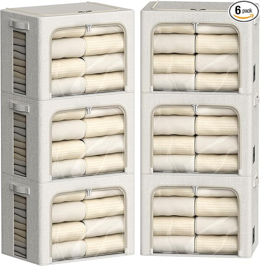 FHSQX 6 Pack Clothes Storage Bins with Metal Frame Foldable Storage Bins for Clothes Linen Fabric Storage Box with Clear Window (Lvory White, 15.7x11.8x11.8inch(36L))