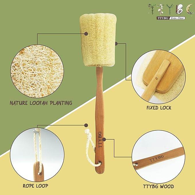Natural Exfoliating Loofah Luffa Loofa Back Sponge Scrubber Brush with Long Wooden Handle Stick Holder Body Shower Bath Spa Pack of 2