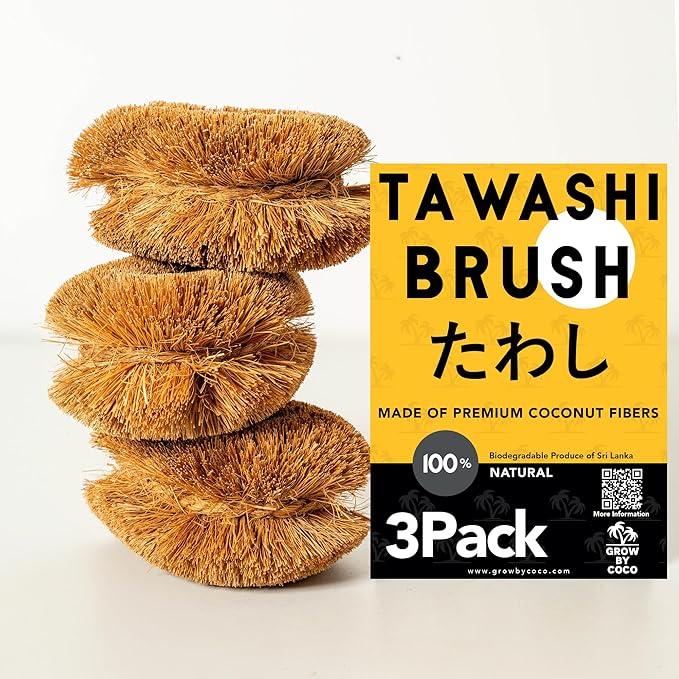 Pack of 3 Tawashi 100% Natural Coconut Coir Fiber Brush, Vegetable Scrub Brush,Ideal for Fruit Scrub, Kitchen Cleaning Needs, Kamenoko Japanese Design