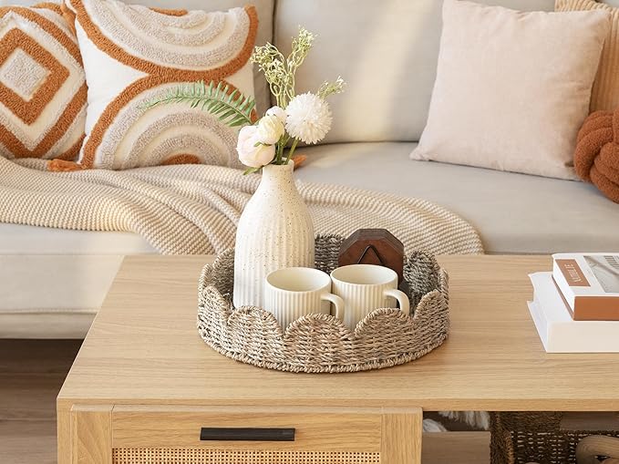 StorageWorks Round Wicker Scalloped Tray, Rattan Serving Trays with Handles, Seagrass Basket for Decorative & Organizing, 13" L x 13" W x 2.75" H