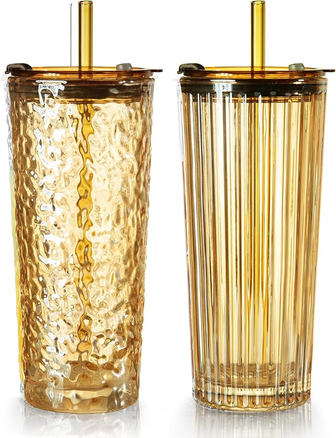 Puraville 2 Pack 18oz Glass Cups with Lids and Straws, Vintage Ribbed Striped Glacier Pattern Thickened Glassware for Whiskey Cocktail Beer, Mason Jar Drinking Glasses Tumbler Iced Coffee Cup, Amber