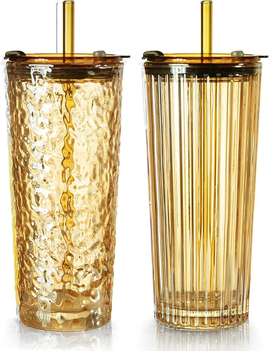 Puraville 2 Pack 18oz Glass Cups with Lids and Straws, Vintage Ribbed Striped Glacier Pattern Thickened Glassware for Whiskey Cocktail Beer, Mason Jar Drinking Glasses Tumbler Iced Coffee Cup, Amber