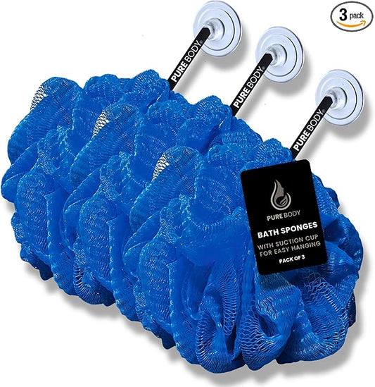 Large Blue Bath Sponge Pack of 3 – Gentle Exfoliation Loofahs with Suction Cup, 70G Mesh Poufs for All Skin Types, Lather for Daily Use