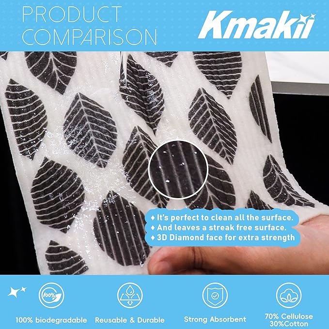 KMAKII Swedish Dishcloths Reusable, Absorbent, Quick-Drying Sponge Cloths for Kitchen and Counter Cleaning, Reusable Dish Towels and Dish Cloths, Black & White, Pack of 10 Pcs