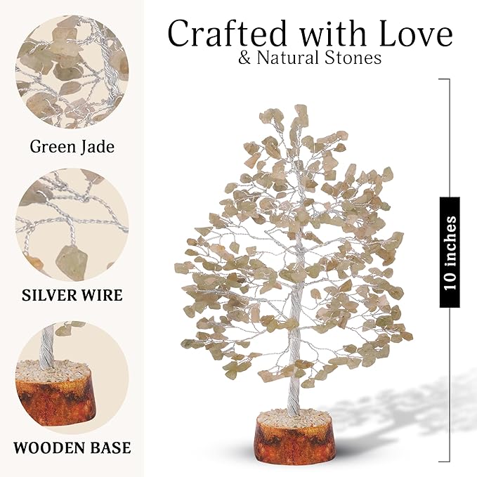 FASHIONZAADI Gemstone Money Tree Reiki Healing Chakra Balancing Handmade Bonsai Trees Spiritual Gift Aura Cleansing Good Luck Home Decor (Green Jade Silver Wire)