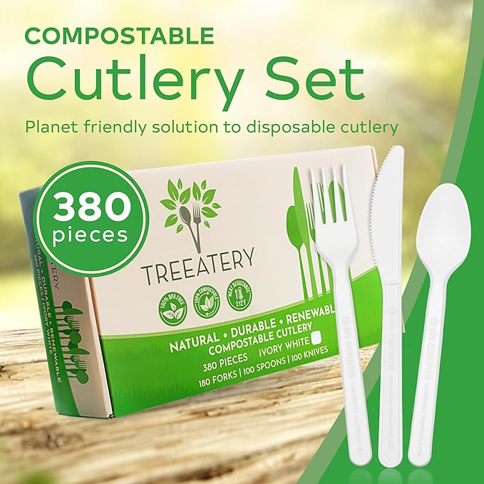 Compostable Cutlery Set, Plant-Based Compostable Utensils Disposable, Dishwasher-Safe Compostable Silverware, 380-Piece Disposable Cutlery, Plant a Tree with Every Box, Ivory White