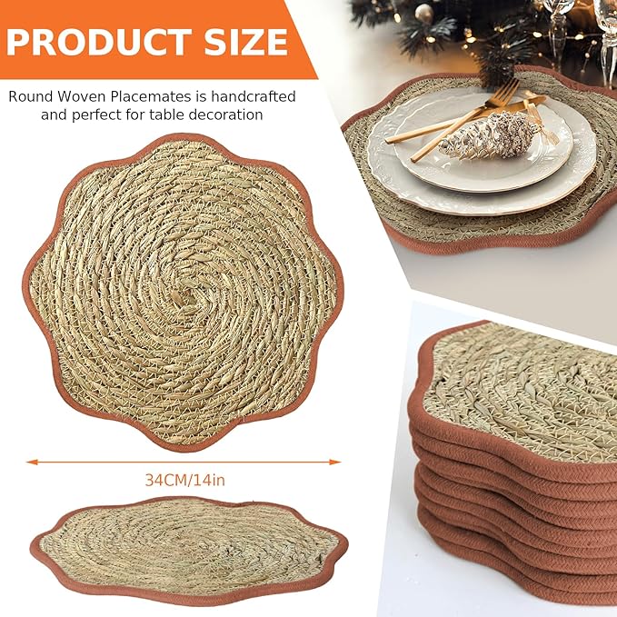 13.8 inch Fall Round Woven Placemats Set of 10 Boho Scalloped Rattan Place Mats Natural Water Hyacinth Flower Shaped Weave Mats Rustic Wicker Mats Autumn Fall Thanksgiving Table Decor