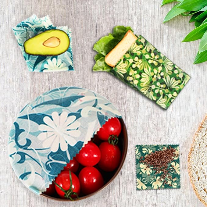 Reusable Beeswax Wrap, 4 Pack Eco-Friendly Beeswax Wraps For Food, Organic, Sustainable, Biodegradable, Zero Waste, Plastic-Free Food Storage (Flowers and Leaves)