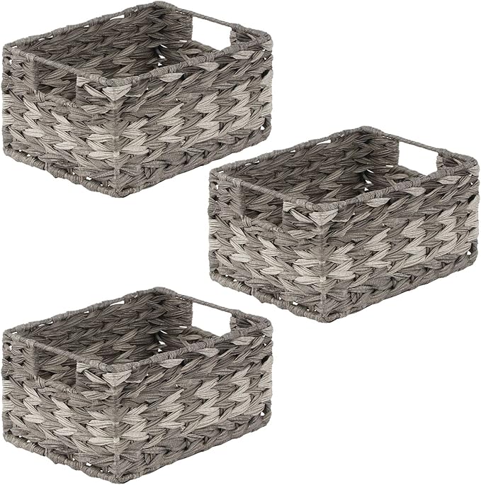 mDesign Woven Farmhouse Kitchen Pantry Food Storage Organizer Basket Bin Box - Container Organization for Cabinets, Cupboards, Shelves, Countertops - Store Potatoes, Onions, Fruit - 3 Pack, Gray Ombre