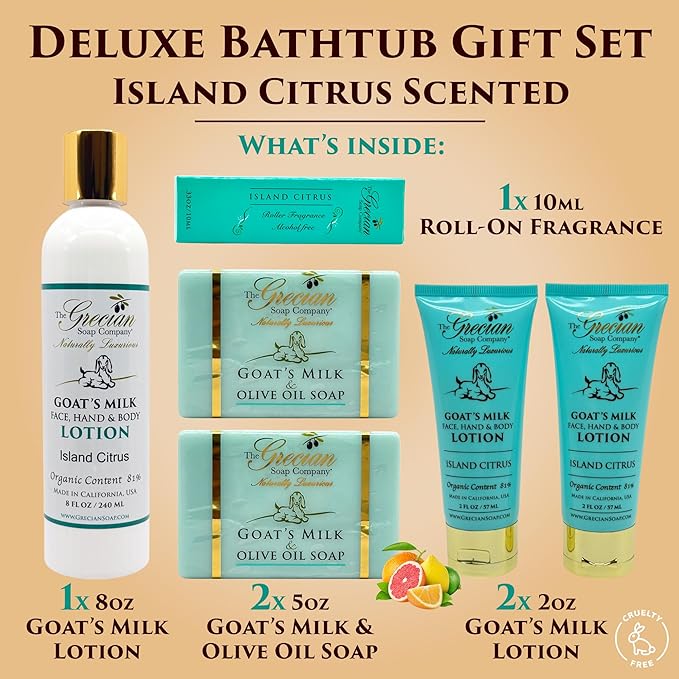 The Grecian Soap Company Deluxe Bathtub Gift Set, 6pcs Goat Milk & Olive Oil Skin Care Set, Birthday Gifts for Women, Bridal Shower Gifts, Gifts for Mom, Island Citrus Scent, Handmade in the USA