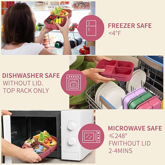 Wheat Straw Lunch Box - Leakproof Bento Box for Kids & Adults, BPA-Free 3-Compartment Food Containers, Microwave & Dishwasher Safe (Muted Red, 5.5 Cup)