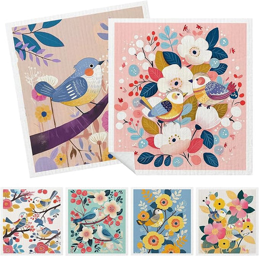 Mixed Retro Bird Swedish Kitchen Dishcloths Dish Towels 6 Pack, Bird Dish Towels for Kitchen, Swedish Dishcloth with Flower, Paper Towels Reusable, Dish Cloth Towel Cleaning Wipe for Home Party