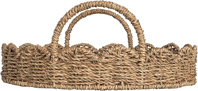 Household Essentials Round Handwoven Seagrass Tray with Scalloped Edge and Handles, Natural