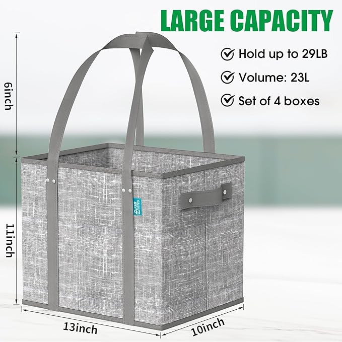 Fab totes Reusable Grocery Bags, Large Foldable Shopping Tote Bags with Reinforced Handles & Hard Bottom,4 Pack, Grey