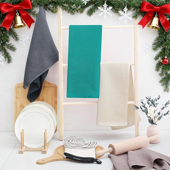 Homaxy 100% Cotton Waffle Weave Kitchen Dish Towels, Ultra Soft Absorbent Quick Drying Cleaning Towel, 13 x 28 Inches, 4-Pack, Teal