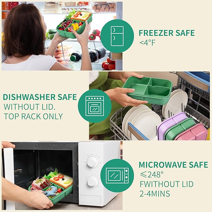 Wheat Straw Lunch Box - Leakproof Bento Box for Kids & Adults, BPA-Free 3-Compartment Food Containers, Microwave & Dishwasher Safe (Green, 5.5 Cup)