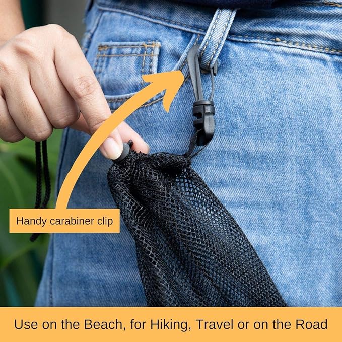 PALTERWEAR Mesh Drawstring Bag With Clip and Toggle Closure - For Water Sports, Hiking, Clamming - Multi-Use Set of 4 (Black, 10 x 15 inch)