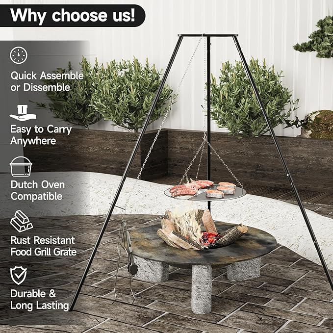 Campfire Tripod for Cooking, Campfire Cooking Equipment, Round Grill Grate with Adjustable Height for BBQ Picnic Outdoor Cookware Party & Collapsible Legs for Easy Storage