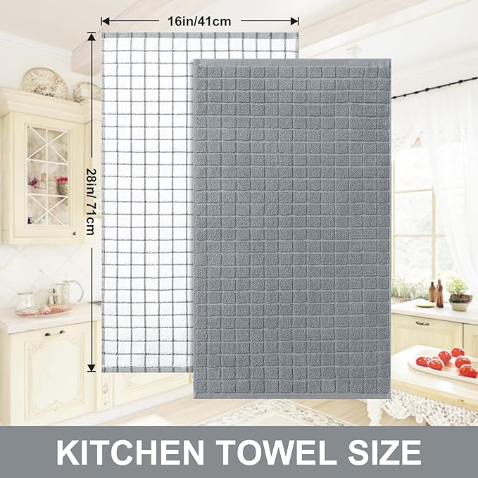Homaxy Premium Cotton Kitchen Towels 16"x 28", Large Natural Ring Spun 390 GSM Dish Towels, Super Absorbent Terry Kitchen Hand Towels, Soft Tea Towel with Hanging Loop, Grey Check Design, 6 Pack