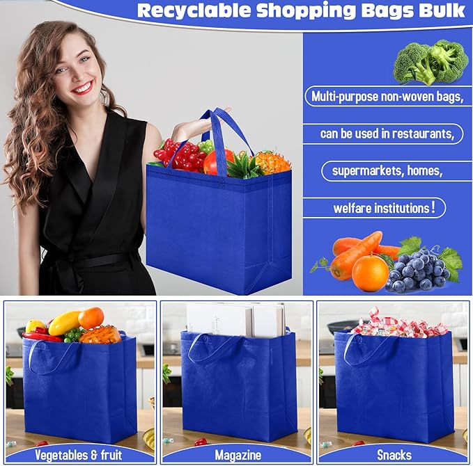 Windyun Reusable Grocery Bags Large Non Woven Shopping Bags with Handles Foldable Portable Tote Bulk, 12.6 x 11.8 x 6.3 Inch