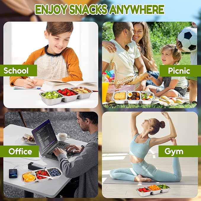 3 Pack Snack Containers with Leakproof Lids 304 Stainless Steel Bento Lunch Box Divided Food Containers for Home officer Gym Travel (3+3+3)
