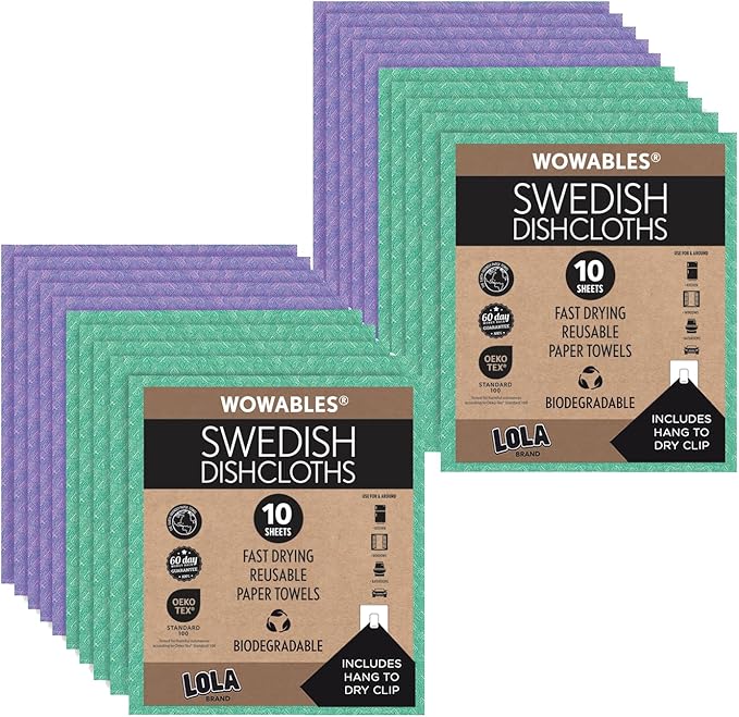 LOLA Swedish Dishcloths 20 Pk Biodegradable Reusable Paper Towels Absorbent Cellulose Kitchen Sponge Cloths Zero Waste Odor Free, Made in Germany