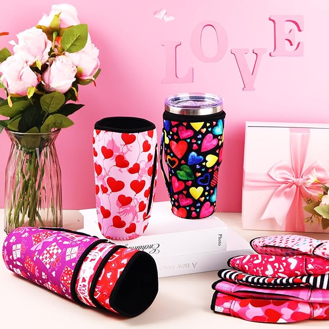 Layhit 10 Pcs Valentine Theme Coffee Cup Sleeves Reusable Neoprene Cup Sleeve with Handle for Galentines Valentine's Day Anniversary Wedding Gifts for 30 oz Cold Hot Drinks Beverages Tumbler