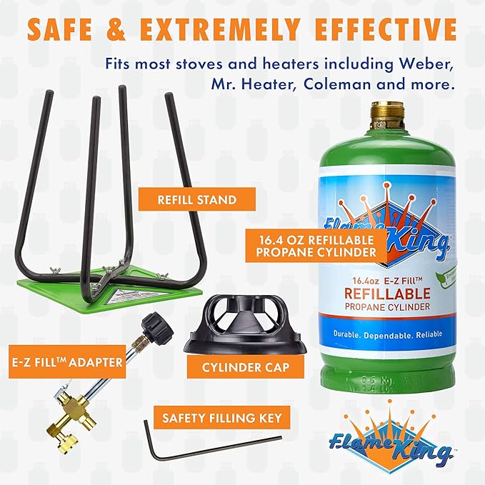 Flame King Refillable 1LB Empty Propane Cylinder Tank with Refill Kit and CGA600 Connection - Reusable, Safe and Legal Refill Option, DOT Compliant