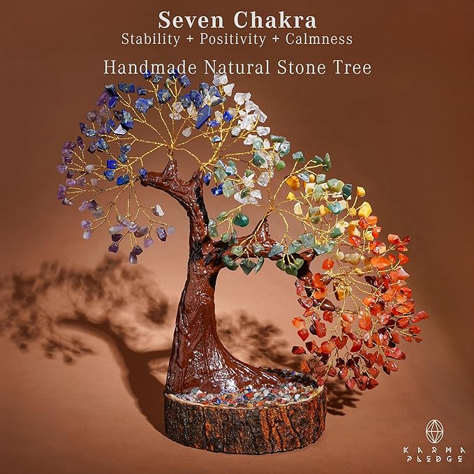 KARMAPLEDGE Crystal Tree of Life 7 Chakra Healing Crystal Trees for Home, Office Desk Decor, Handmade Bonsai Trees for Positive Energy, Money, Good Luck Birthday Gifts for Women, Mom (500 Beads)