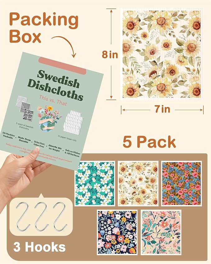 Swedish Dishcloths for Kitchen with Hooks - Reusable Dish Cloths for Washing Dishes Fast Drying Cute Fun 5 Pack Swedish Dish Towels Washable Cleaning Sponge, Color Floral Cluster