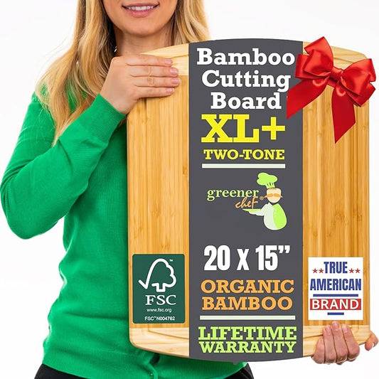 GREENER CHEF 20 Inch Extra Large Bamboo Cutting Board with Lifetime Replacement - Wooden Butcher Block for Kitchen, Carving Meat, Vegetables, and Charcuterie with Deep Juice Groove
