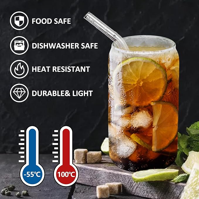Drinking Glasses with Bamboo Lids and Glass Straw 4 pcs set,16oz Glass Cups with Lids and Straws,Iced Coffee Glasses,Cute Tumbler Cups for Soda,Coffee Cups