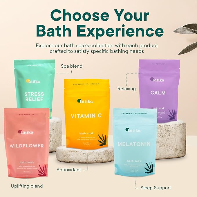 Latika Soaks Set of 3 - Wildflower, Melatonin, Vitamin C - Moisturizing Bath Soak with Epsom Salt & Essential Oils for Stress Relief, Muscle Recovery, & Relaxation - at-Home Spa