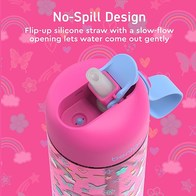 Bentgo Kids Water Bottle 2-Pack - Leak-Proof, Durable Tritan, BPA-Free 15 oz Cup for Kids/Toddlers 3+; Flip-Up Straw; Dishwasher Safe for School/Sports/Daycare/Camp (Rainbows & Butterflies/Fairies)