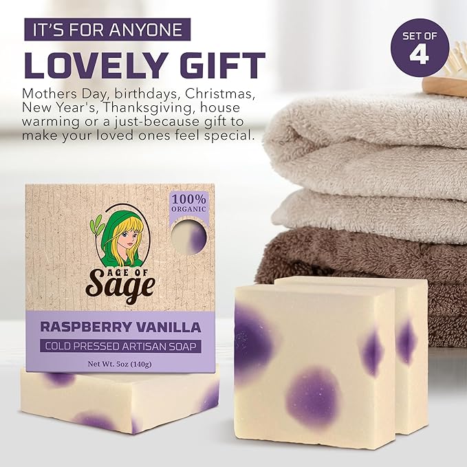 Natural Bar Soap Gift Set for Women - Vegan Bath Handmade Cold Process Artisan Soap with Essential Oil, All Moisturizing Wash Soaps, Fragrant Raspberry Vanilla Scent (4 Pack)