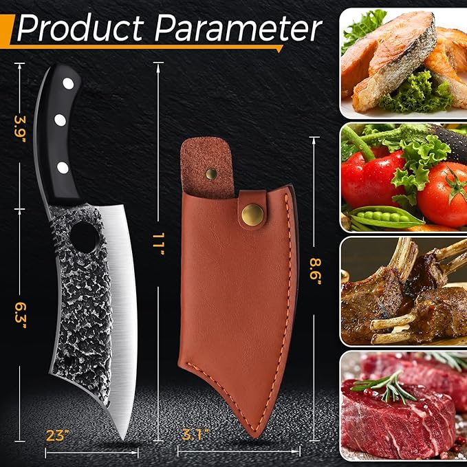 ROCOCO 6.3" Cleaver Butcher Knife Sharp Full Tang Knife with Sheath for Home Outdoor BBQ Camping Mother Father Gift Idea Men