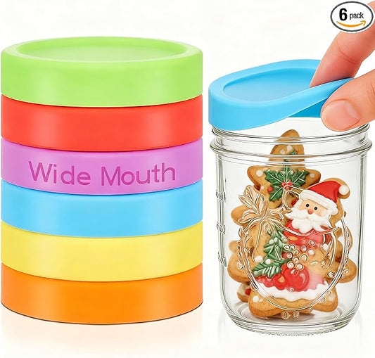 6 Pcs Silicone Wide Mouth Lids Mason Jar Lids Thickened Leak Proof Lid for 86 mm All Wide Mouth Mason Jars, Reusable Large Canning Jar Caps Christmas Housewarming Gift (Classic)