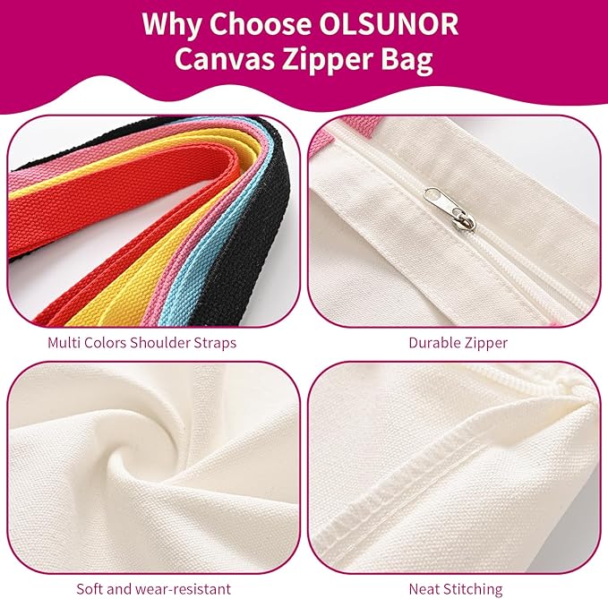 10 Pack Canvas Tote Bag with Zipper, Reusable Grocery Bags with Long Handle, DIY Heat Transfer Sublimation Blanks Shopping Bags for Advertising, Birthday, Thanksgiving, Christmas Craft Bags