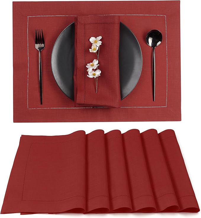 D'Moksha Homes Red Linen Placemats Set of 6 - Classic Hemstitch Placemats 14 x 19 Inch - 100% Pure Linen Table Mats for Winter, Christmas, Holiday - Handcrafted and Machine Washable