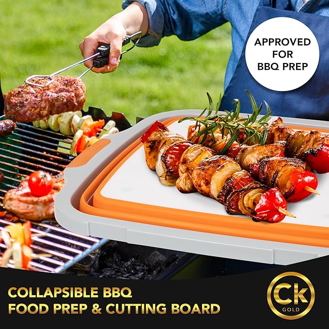New XL Collapsible BBQ Prep Tub wtih LOCKING Lid, Cutting Board & Drain Hole | BPA-Free, Food-Grade, Recyclable, Space-Saving Caddy for Grilling, Camping, Kitchen & Outdoor Cooking (Orange, 16 Liters)