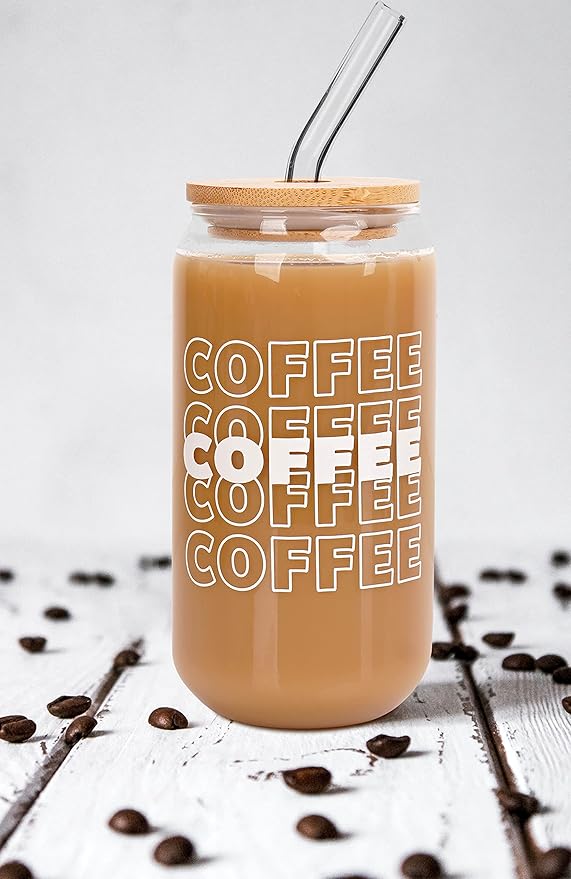 ANOTION Bamboo Lids for Can Shaped Glass, Mason Jar Lids with Straw Hole, 4 Reusable Bamboo Drinking Lid for Regular Mouth Mason Jar with 4 Reusable Glass Straw for Coffee Cup
