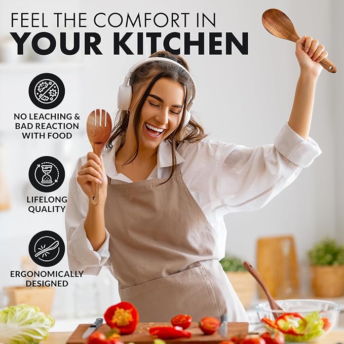 Zulay Kitchen Extra-Large 5-Piece Wooden Spoon Set - Smooth Teak Cooking Utensils - Comfort-Grip Non-Stick Turner, Spatula, Skimmer, Fork, Serving Spoon