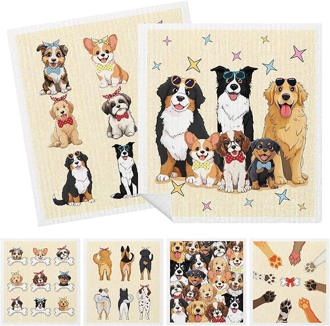 Mixed Dog Swedish Kitchen Dishcloths Dish Towels 6 Pack, Dogs Dish Towels for Kitchen, Swedish Dishcloth with Dogs Cute, Paper Towels Reusable, Dish Cloth Towel Cleaning Wipe for Home Party