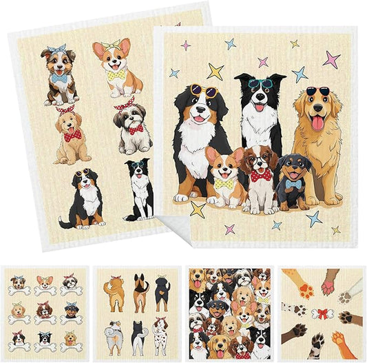 Mixed Dog Swedish Kitchen Dishcloths Dish Towels 6 Pack, Dogs Dish Towels for Kitchen, Swedish Dishcloth with Dogs Cute, Paper Towels Reusable, Dish Cloth Towel Cleaning Wipe for Home Party