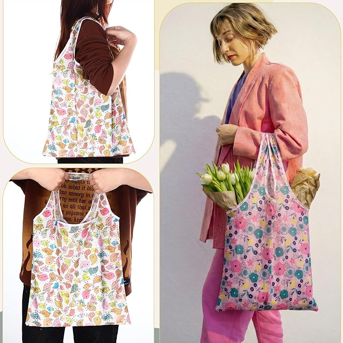 Tanlade 50 Pcs Reusable Grocery Bags Large Foldable Polyester Tote Bag Heavy Duty Washable Shopping Bags with Pouch Attached