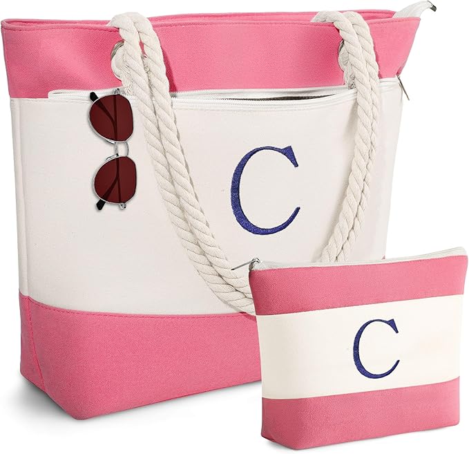 YOOLIFE Christmas Gifts for Women - Personalized Initial Canvas Beach Bags for Women Gifts for Mom Teacher Friend Birthday
